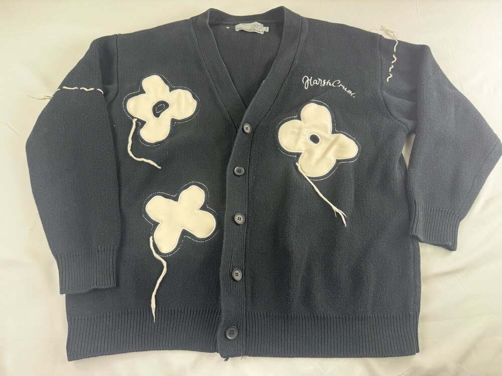 Harsh And Cruel Cardigan Sweater Large Black Cream Floral Applique Button Front
